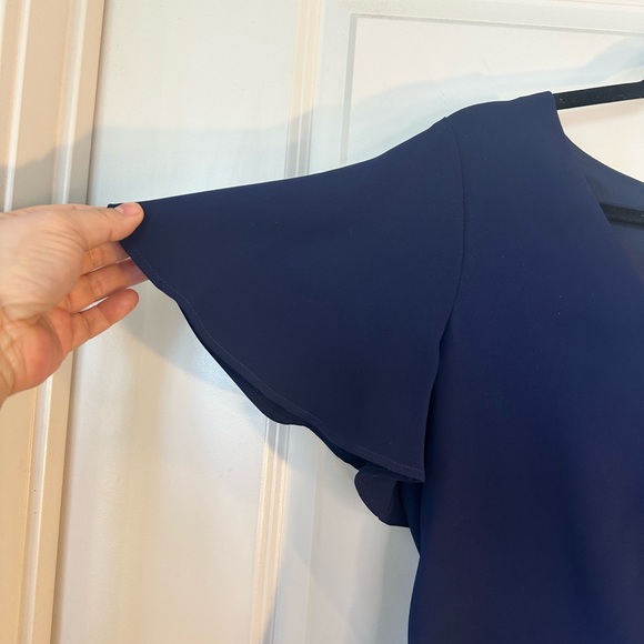 Shoshanna Navy Blue Ophelia V-Neck Stretch Crepe Bias Cut Flutter Sleeve Dress,8 - Picture 9 of 13